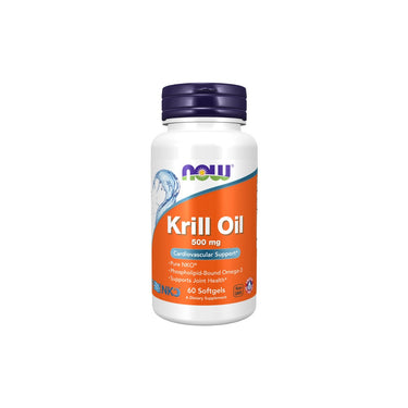 A bottle of Now Foods Krill Oil Pure NKO 500 mg supplement, enriched with astaxanthin, labeled for cardiovascular support with 60 softgels, isolated on a white background.